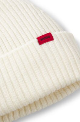 Gorro de punto de lana virgen con etiqueta con logo, Blanco