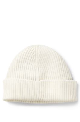 Gorro de punto de lana virgen con etiqueta con logo, Blanco