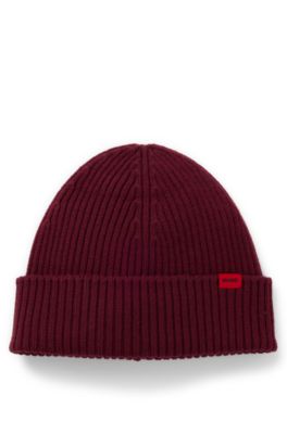 Gorro de punto de lana virgen con etiqueta con logo, Rojo oscuro