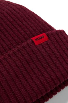 Gorro de punto de lana virgen con etiqueta con logo, Rojo oscuro