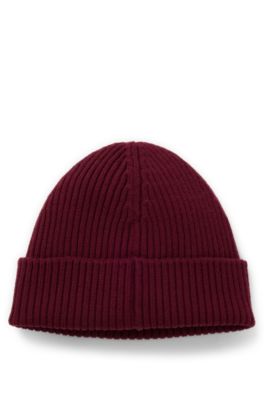 Gorro de punto de lana virgen con etiqueta con logo, Rojo oscuro