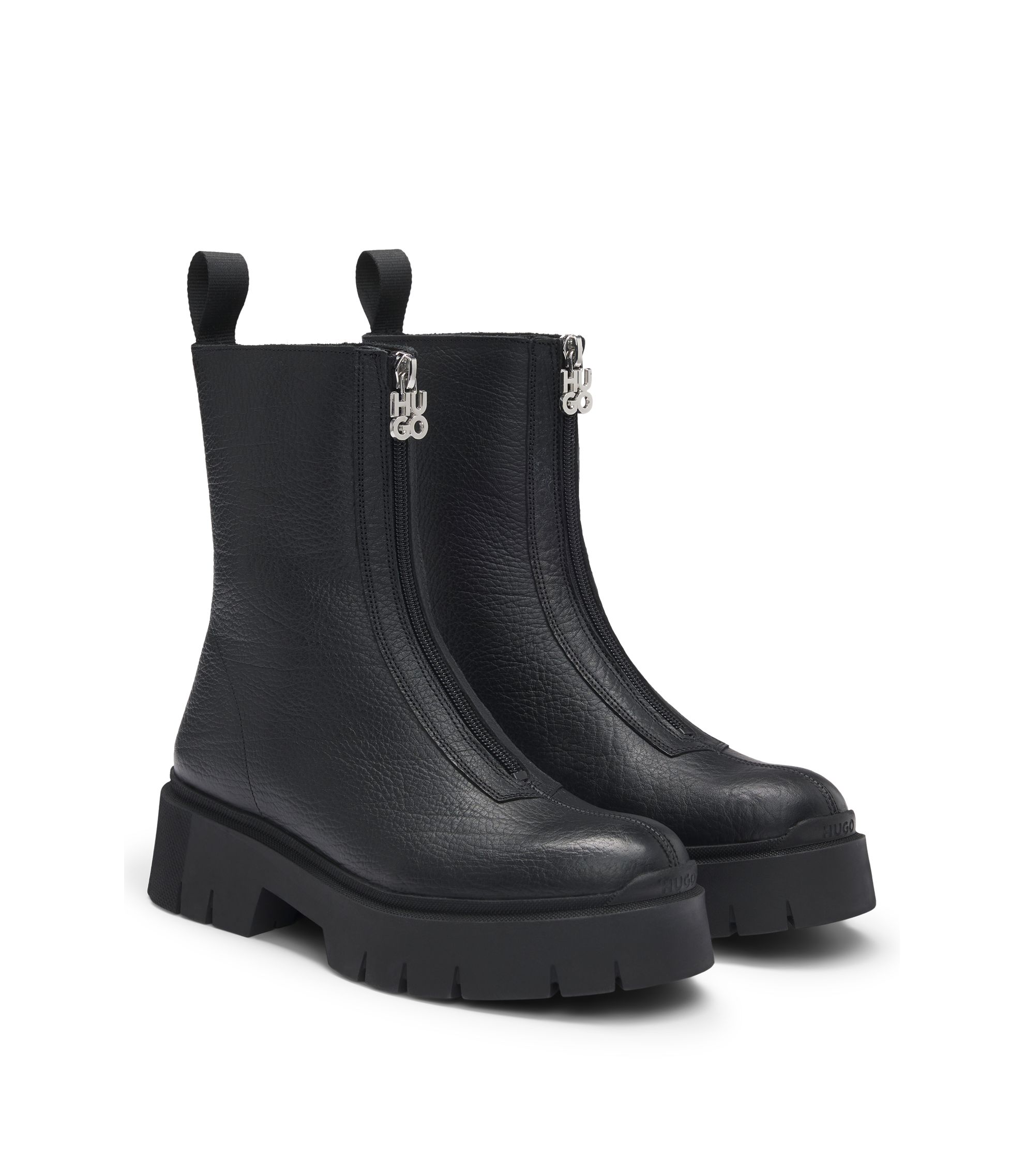 うさぎHUGO BOSS Helena Biker-Cサイドジップブーツ HUGO - Ankle boots in tumbled leather with front zip - Black