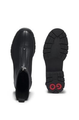 Ankle boots in tumbled leather with front zip, Black