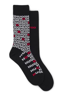 Paquete de dos pares de calcetines de largo est&aacute;ndar con detalles de logo, Negro