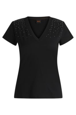 Camiseta de algod&oacute;n con cuello en pico y adornos, Negro