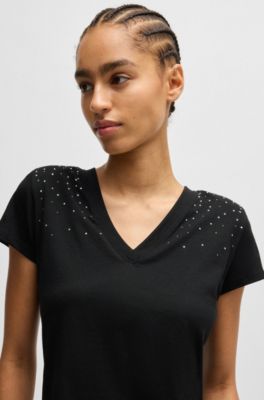 Camiseta de algod&oacute;n con cuello en pico y adornos, Negro