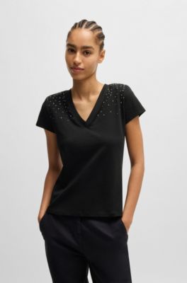 Camiseta de algod&oacute;n con cuello en pico y adornos, Negro