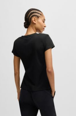 Camiseta de algod&oacute;n con cuello en pico y adornos, Negro