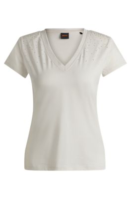 Camiseta de algod&oacute;n con cuello en pico y adornos, Blanco