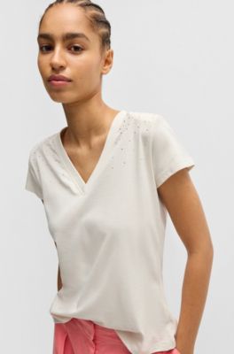 Camiseta de algod&oacute;n con cuello en pico y adornos, Blanco