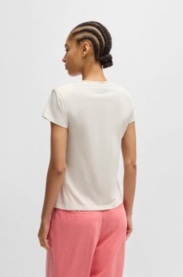 Camiseta de algod&oacute;n con cuello en pico y adornos, Blanco