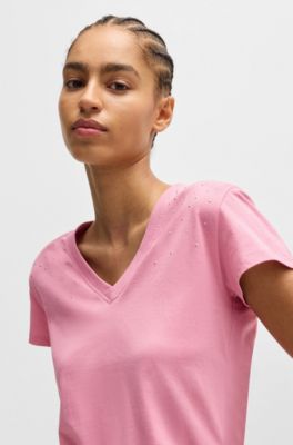 Camiseta de algod&oacute;n con cuello en pico y adornos, Luz p&uacute;rpura