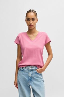 Camiseta de algod&oacute;n con cuello en pico y adornos, Luz p&uacute;rpura