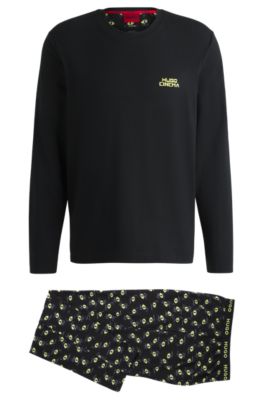 Stretch-cotton pajamas with 70s film graphics, Black