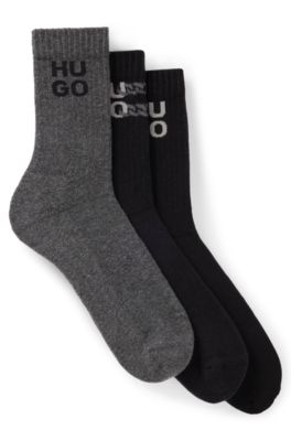 HUGO - Three-pack of short-length socks with stacked logos - Black