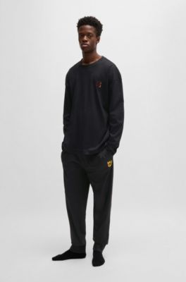Interlock-cotton pajama bottoms with iridescent logo, Black