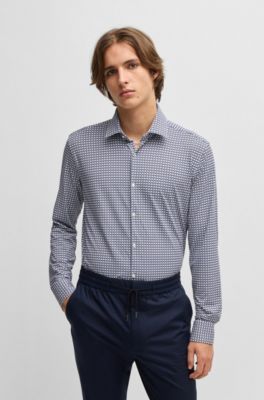 Slim-fit shirt in printed performance-stretch jersey, Dark Blue