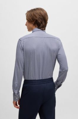 Slim-fit shirt in printed performance-stretch jersey, Dark Blue