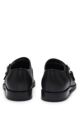 Italian-made double-strap monk shoes in grained leather, Black