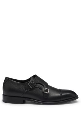 Italian-made double-strap monk shoes in grained leather, Black