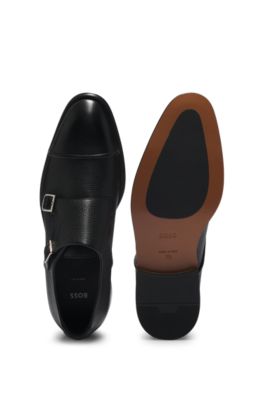 Italian-made double-strap monk shoes in grained leather, Black