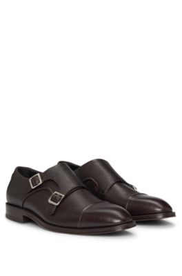 Hugo Boss Italian-made Double-strap Monk Shoes In Grained Leather In Dark Brown