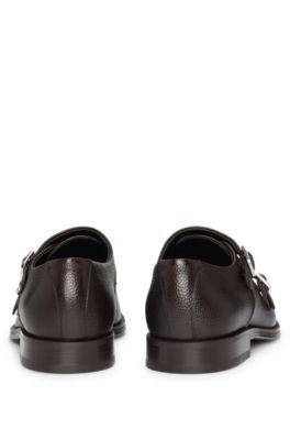 Italian-made double-strap monk shoes in grained leather, Dark Brown