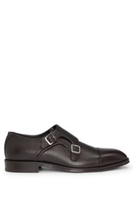 Italian-made double-strap monk shoes in grained leather, Dark Brown