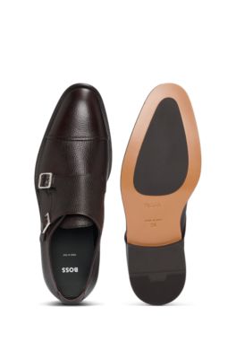 Italian-made double-strap monk shoes in grained leather, Dark Brown