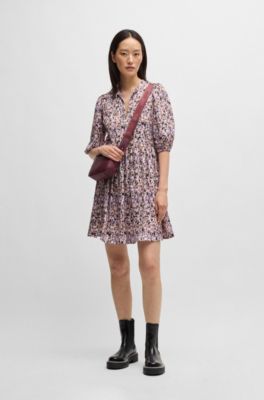 Cropped-sleeve dress in hammered satin with seasonal print, Patterned