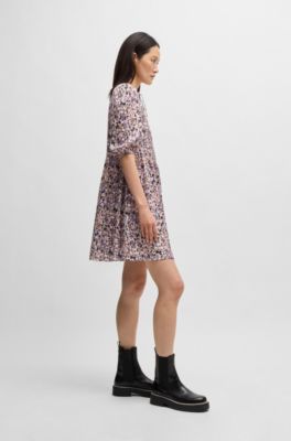 Cropped-sleeve dress in hammered satin with seasonal print, Patterned