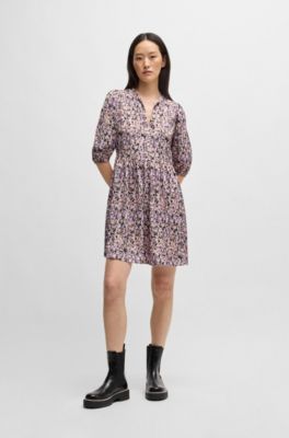 Cropped-sleeve dress in hammered satin with seasonal print, Patterned