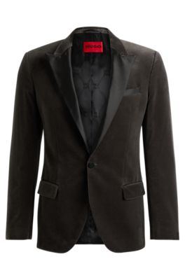 Hugo Boss Slim-fit Evening Jacket In Performance-stretch Cotton Velvet In Grey
