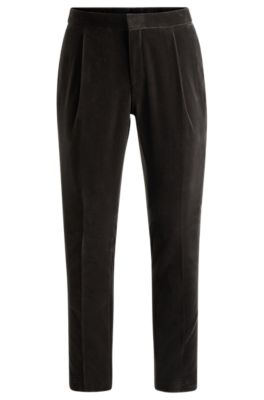 Hugo Boss Slim-fit Flat-front Trousers In Cotton Velvet In Grey