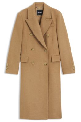 Hugo Boss Long-length Twill Coat With Double-breasted Closure In Beige