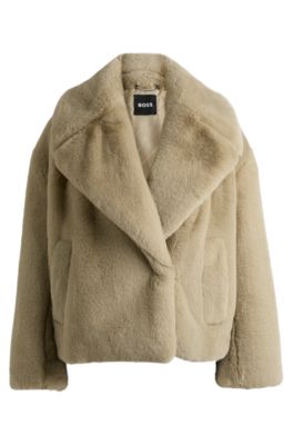 BOSS Cropped coat in plush teddy fabric Light Beige