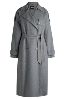 Hugo Boss Belted Trench Coat In A Wool Blend In Silver