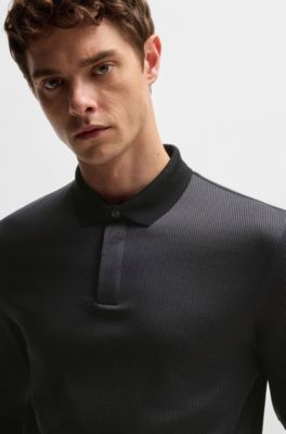 Long-sleeved polo shirt in cotton with concealed placket, Black