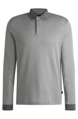 Long-sleeved polo shirt in cotton with concealed placket, Silver