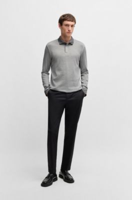 Long-sleeved polo shirt in cotton with concealed placket, Silver