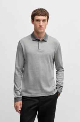 Long-sleeved polo shirt in cotton with concealed placket, Silver