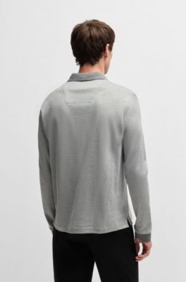 Long-sleeved polo shirt in cotton with concealed placket, Silver