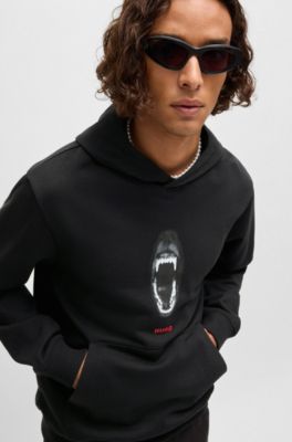 Sudadera con capucha regular fit en felpa de algod&oacute;n con motivos animales, Negro