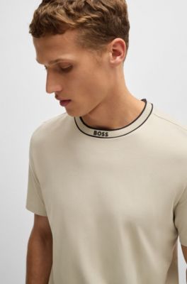 Cotton-jersey T-shirt with logo collar, Light Beige