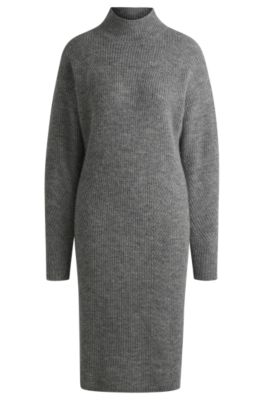 Hugo Boss Long-sleeved Relaxed-fit Dress With Mixed Ribbing In Silver