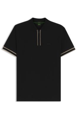 Polo con cuello con cremallera en piqu&eacute; de algod&oacute;n el&aacute;stico, Negro