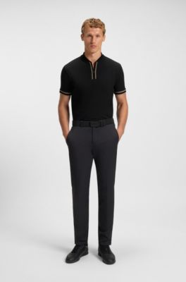 Polo con cuello con cremallera en piqu&eacute; de algod&oacute;n el&aacute;stico, Negro