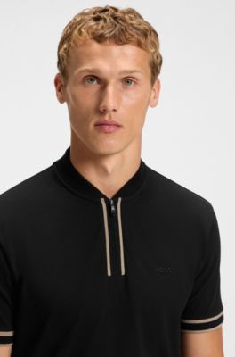 Polo con cuello con cremallera en piqu&eacute; de algod&oacute;n el&aacute;stico, Negro