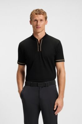Polo con cuello con cremallera en piqu&eacute; de algod&oacute;n el&aacute;stico, Negro