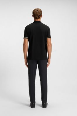 Polo con cuello con cremallera en piqu&eacute; de algod&oacute;n el&aacute;stico, Negro